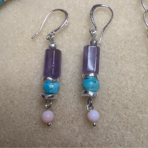 Artisan Handmade Purple Amethyst & Turquoise Sterling 925 Necklace & Earring Set - Picture 10 of 12